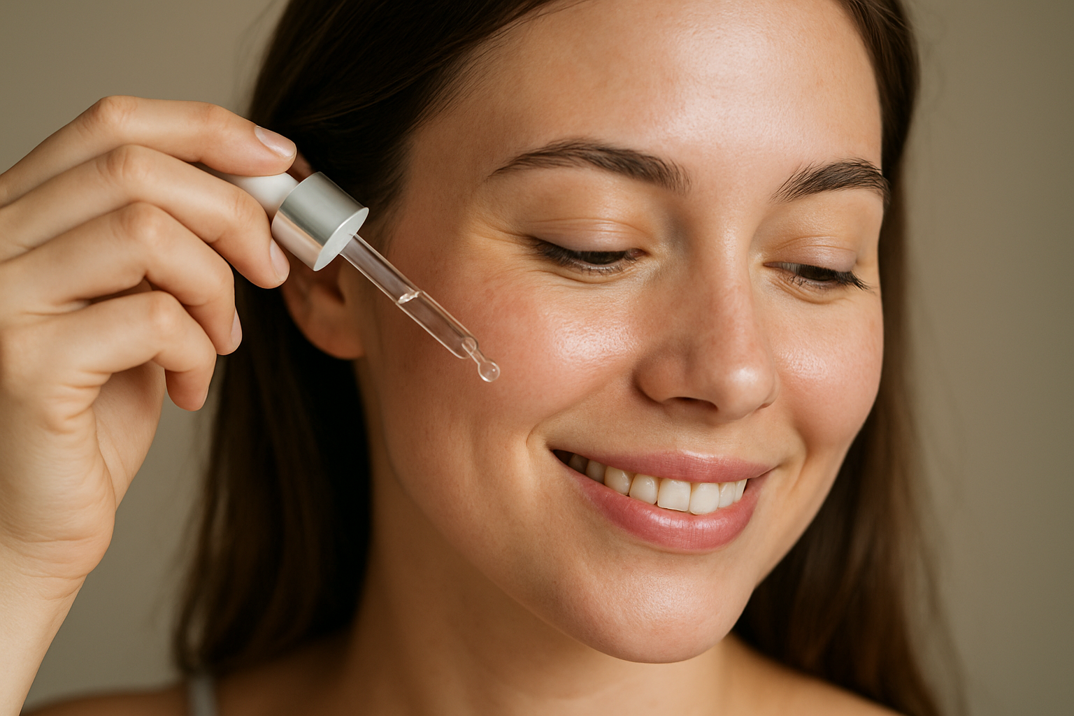 Mulher aplicando sérum no rosto com expressão de relaxamento, em ambiente iluminado e calmo.