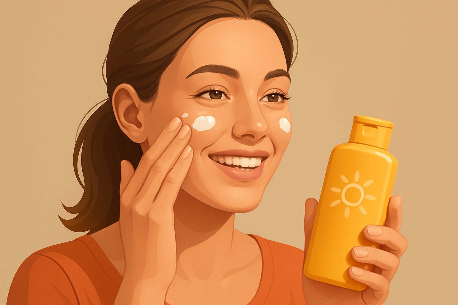 Mulher aplicando protetor solar com cor no rosto, com frascos de diferentes